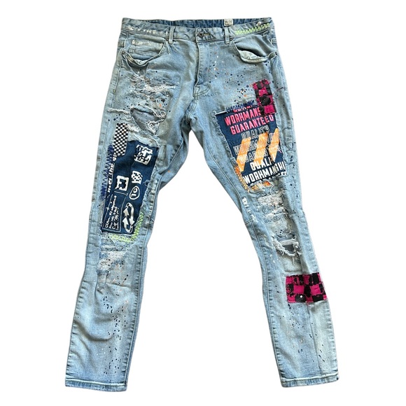Smoke Rise Denim Co. Distressed Light Blue Jeans with Patches Size 36x32 - Picture 1 of 10